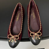 Women's Burgundy Velvet Leather Chain Bow Two-Tone Ballet Flats |G26250