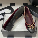 Women's Burgundy Velvet Leather Chain Bow Two-Tone Ballet Flats |G26250