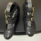 Women's Three-Buckle/Three-Strap Black Lambskin Chunky-Heel Mary Jane Shoes |G47256 X01000 94305