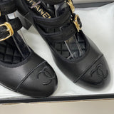 Women's Three-Buckle/Three-Strap Black Lambskin Chunky-Heel Mary Jane Shoes |G47256 X01000 94305