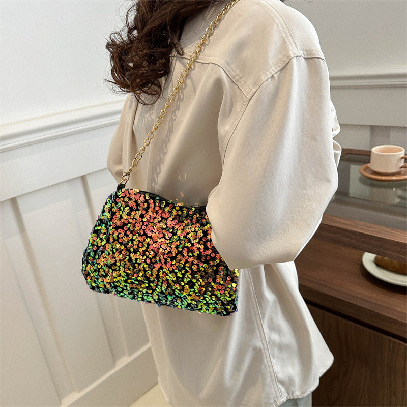 Contrast Color And Versatile Sequined Underarm Bag For Women